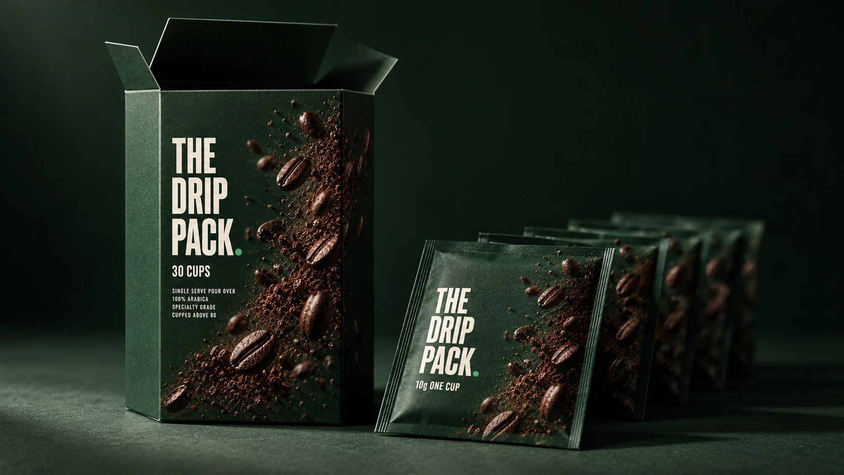 The open 30 cup carton of The Drip Pack with a row of branded sachets fanned beside it