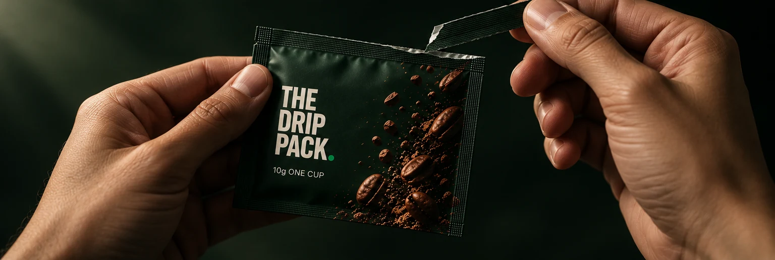 Two hands tearing open a single sealed Drip Pack sachet, lit hard from the left against a dark green background